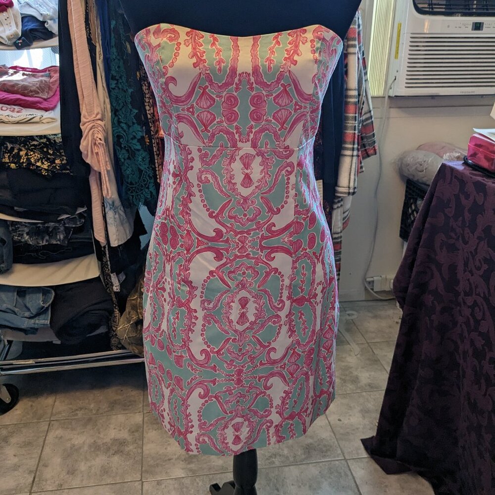 Kaeli Smith Strapless Mini Dress – Pink & Aqua Print, Size 8
